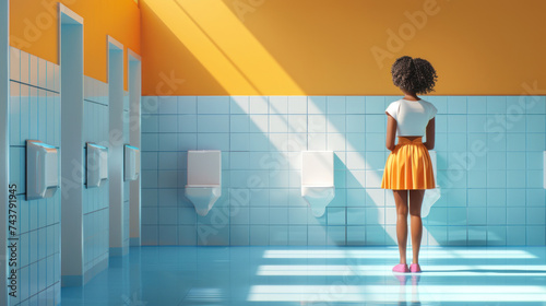 A Black, deaf, transgender woman using an all inclusive, accessible bathroom.