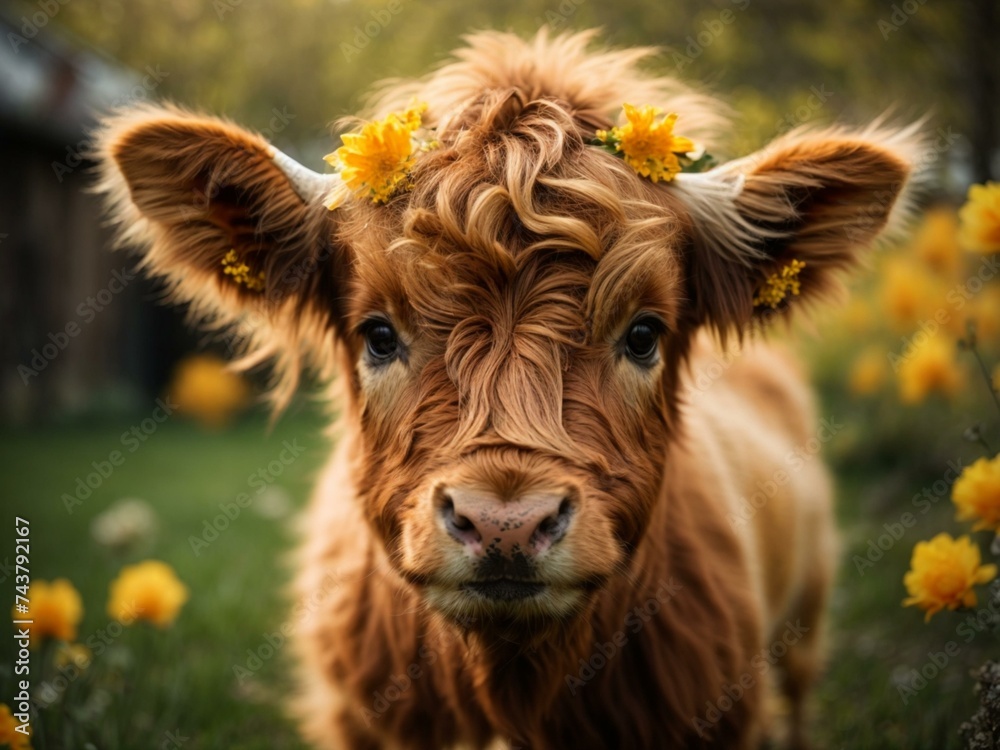 portrait of a highland cow adorned with a vibrant flower crown stands proudly in a lush green field, radiating the beauty of nature and the peacefulness of farm life portrait of a highland cow adorned with a vibrant flower crown stands proudly in a lush green field, radiating the beauty of nature and the peacefulness of farm life