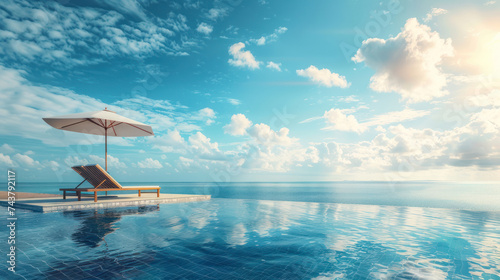 Beautiful landscape of sea ocean on sky with umbrella and chair around luxury outdoor swimming pool in hotel resort for leisure travel and vacation. © NooPaew