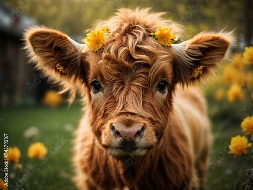 portrait of a highland cow adorned with a vibrant flower crown stands proudly in a lush green field, radiating the beauty of nature and the peacefulness of farm life