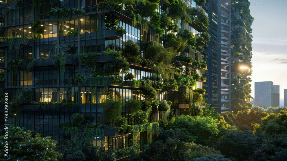 Eco-friendly building in the modern city. Sustainable glass office building with trees for reducing heat and carbon dioxide. Office building with green environment. Corporate building reduce CO2.