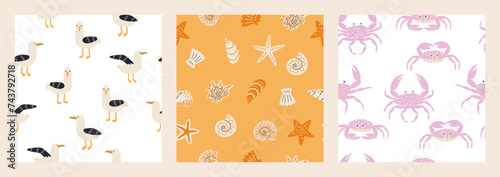 Set of seamless patterns with a sea vibe. Seagulls, shells, crabs. Vector flat illustration. Design for fabric etc.
