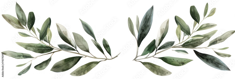Two fresh olive branches with leaves isolated on white background closeup. Two fresh olive branches with leaves isolated on white background closeup.