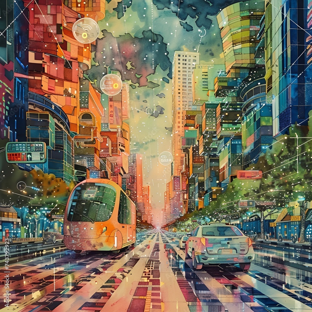 Surreal watercolor portrayal of autonomous vehicles gliding through a blockchain-powered city, with IoT devices dotting the skyline