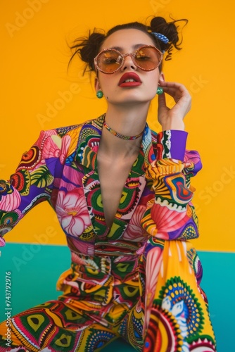 Professional Photography of a Supermodel in a Vibrant and Colorful Editorial, Featuring Bold Patterns and Eclectic Styling, Generative AI photo