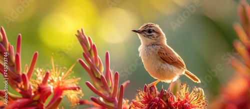 A Zitting cisticola bird perched on a shallow-focused red Aloe speciosa flower in the park. photo