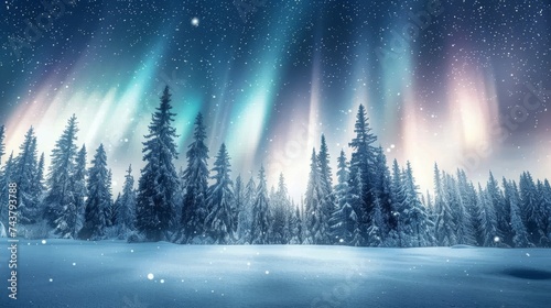 A serene winter landscape showcasing snow-covered pine trees under the mesmerizing Northern Lights.