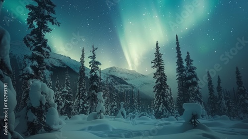 A breathtaking view of the Aurora Borealis illuminating the night sky above a snow-capped mountain forest.