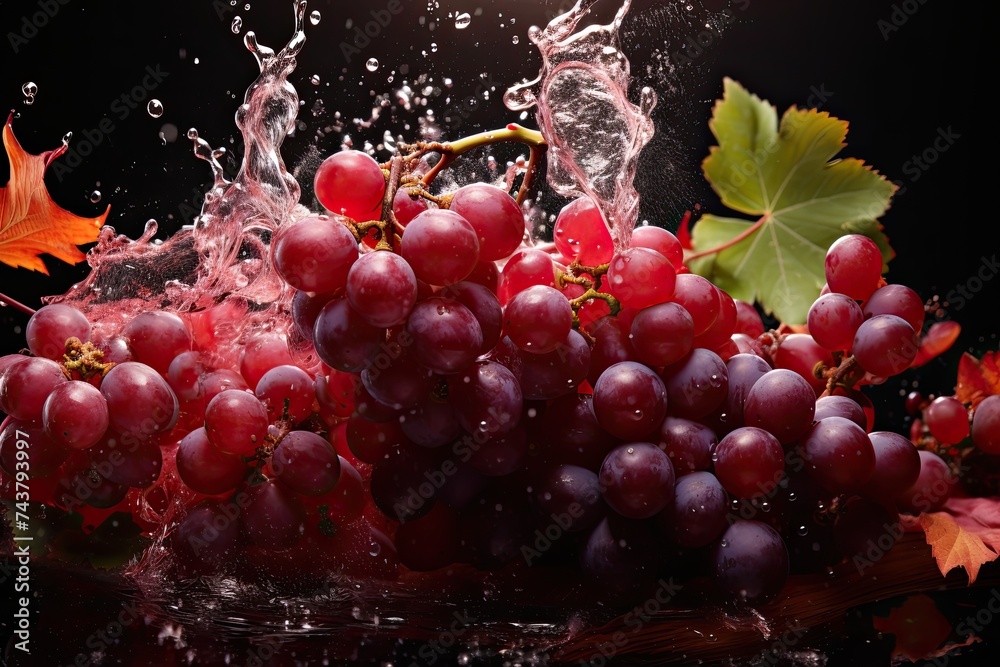 A bunch of grapes gracefully splashing with water, creating a mesmerizing and refreshing scene A bunch of grapes gracefully splashing with water, creating a mesmerizing and refreshing scene