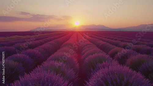 The sun dips below the horizon, casting a warm glow over endless rows of lavender under a soft, pastel sky, with distant mountains in silhouette.