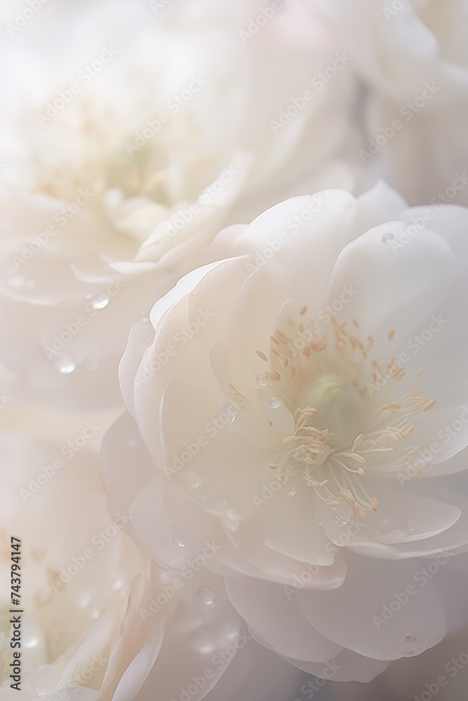 Fototapeta premium Delicate white flowers adorned with shimmering water droplets, exuding a sense of purity and freshness in a tranquil garden setting