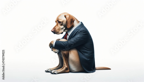 ビジネスで失敗して悩むスーツを着た犬