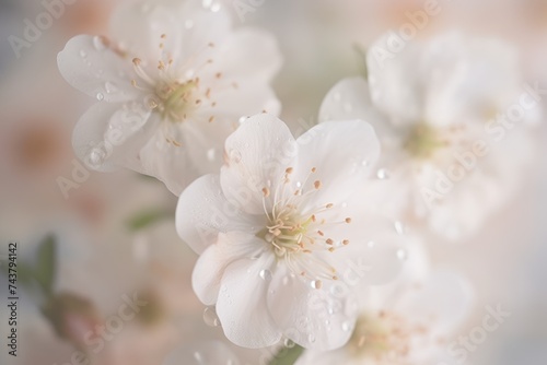 A cluster of delicate white flowers glisten with water droplets, reflecting the soft light in a tranquil garden setting