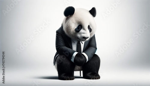 ビジネスで失敗して悩むスーツを着たパンダ