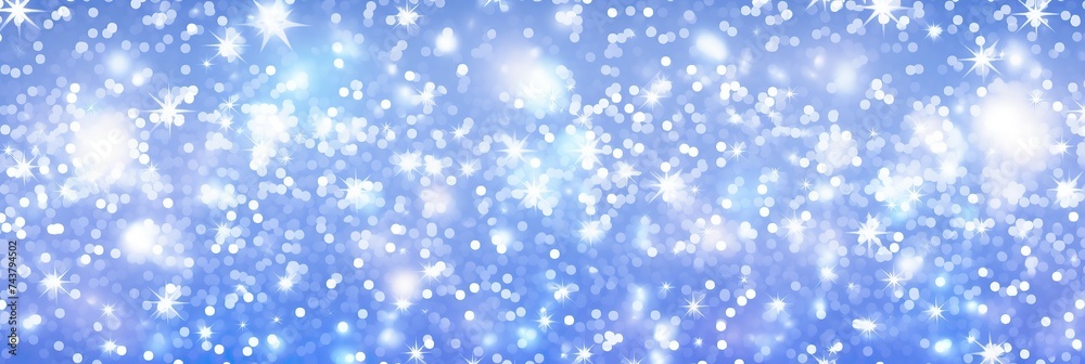 Blue background adorned with delicate snowflakes and twinkling stars creating a magical and serene atmosphere