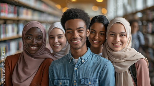 Group of multiracial happy people smiling and laughing, foreign university exchange students, friends classmates at school. AI generated © amixstudio