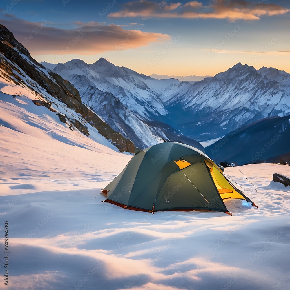 A tent in the snow with mountains in the background