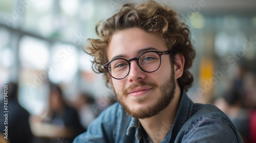 Portrait of a young curly student with glasses smiling and looking at the camera. AI generated