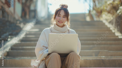 Portrait of young student girl sitting on the stairs with laptop smiling looking at camera, distance learning concept, freelancer. AI generated
