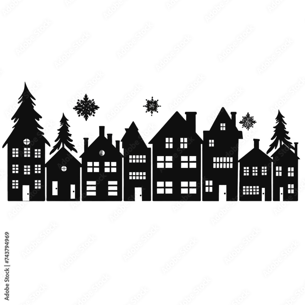 Black silhouette, tattoo of houses on white isolated background. Vector.