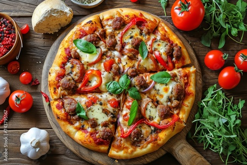 Appetizing pizza on a wooden table with tomatoes and herbs, top view. The concept of advertising a cafe, restaurant, fast food. 