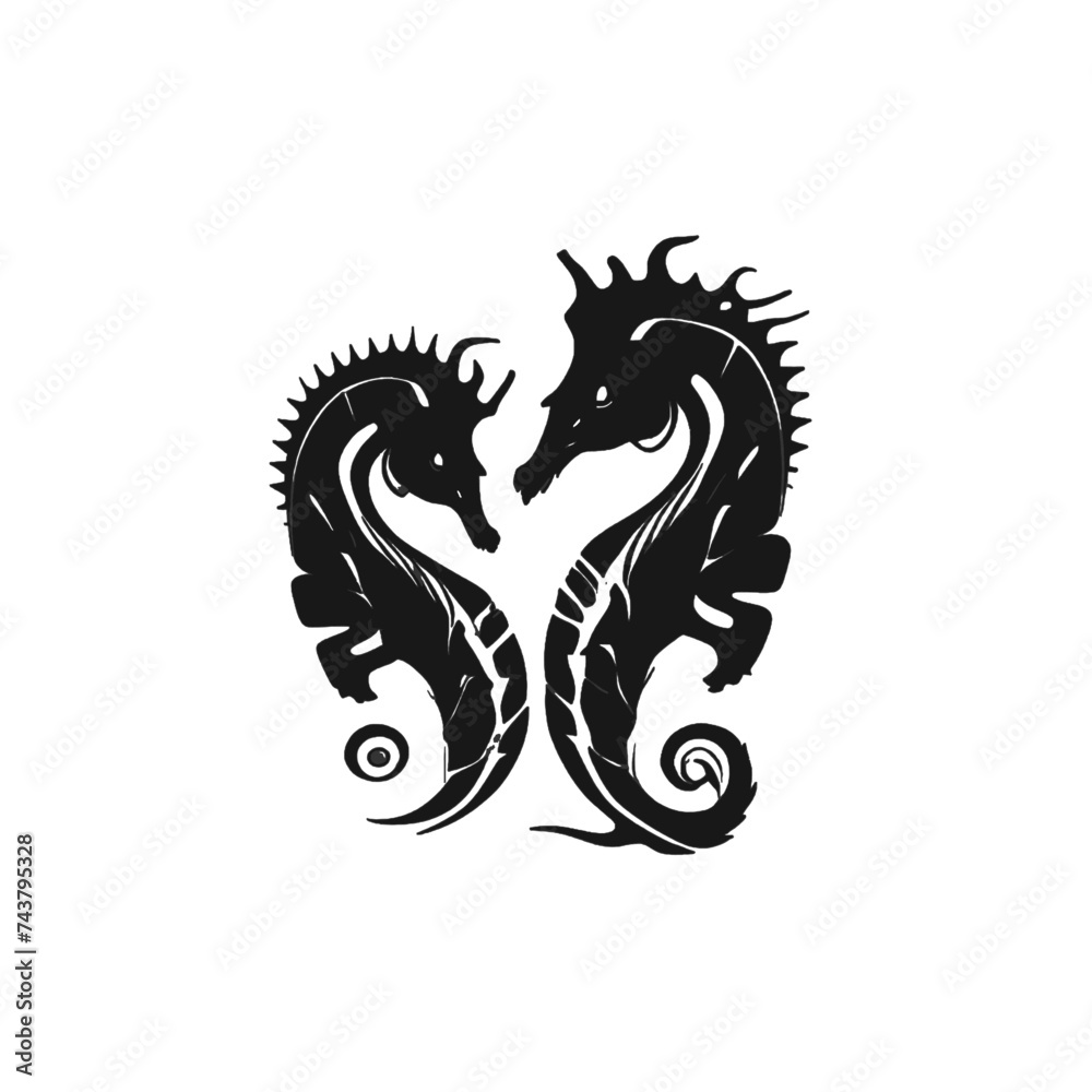 Black silhouette, tattoo of sea ​​horses on white isolated background. Vector.