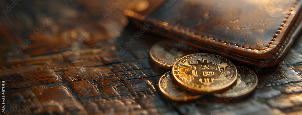 wallet and a bitcoin crypto - obrazy, fototapety, plakaty 