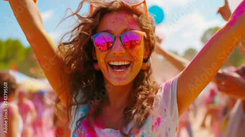 Close up portrait of young happy woman tourist on the street in India in colored powder rejoice at the holiday, cheerful celebration of the holy festival of Holi 