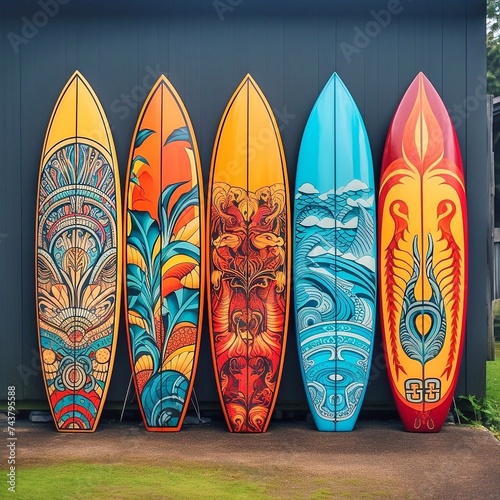 Set of colorful surfboards on a wooden wall in front of a house © Oleh