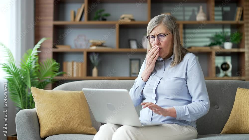 Frustrated stressed senior gray haired woman reads bad news on a laptop sitting on sofa in living room at home. Worried depressed elderly retired female is sad reviewing negative message on computer Frustrated stressed senior gray haired woman reads bad news on a laptop sitting on sofa in living room at home. Worried depressed elderly retired female is sad reviewing negative message on computer