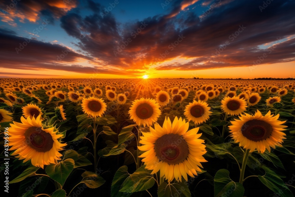 Fototapeta premium Endless field of sunflowers illuminated by the sun, harvest and agricultural business concept 
