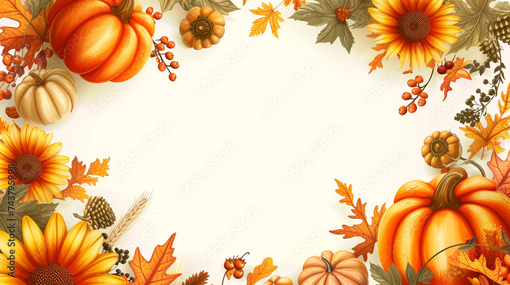 Fototapeta premium Cozy Autumn Aesthetics: Wallpaper with Pumpkins and Sunflowers.