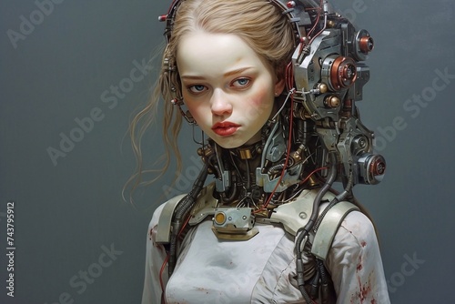 Close up of a female robot in space suit. She is looking at the camera.