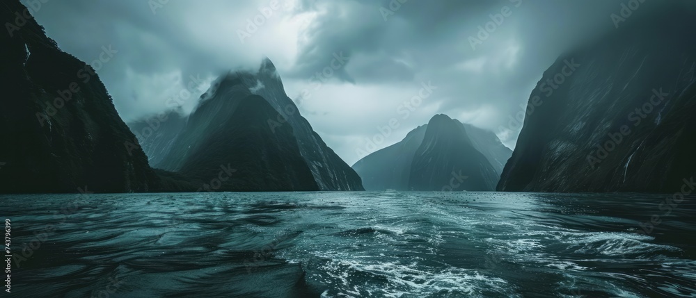 Milford Sound, New Zealand, where mountains kiss the sea under moody skies - obrazy, fototapety, plakaty 
