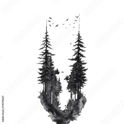 Black silhouette  tattoo of a landscape  river  trees  mountains on white isolated background. Vector.