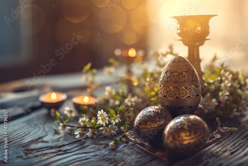 Catholic Easter celebration, Easter eggs, candles and spring flowers  © Tatiana