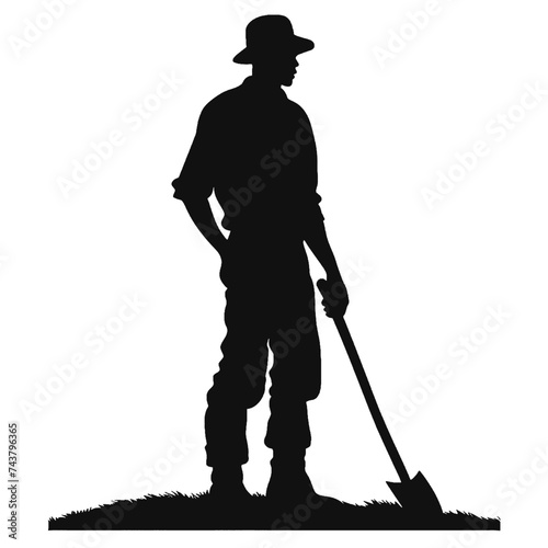 Black silhouette, tattoo of a gardener with shovels. on white isolated background. Vector.