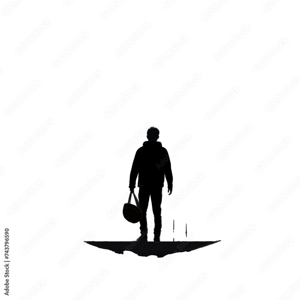 Black silhouette, tattoo of a man with a bag on the background of a world map on white isolated background. Vector.