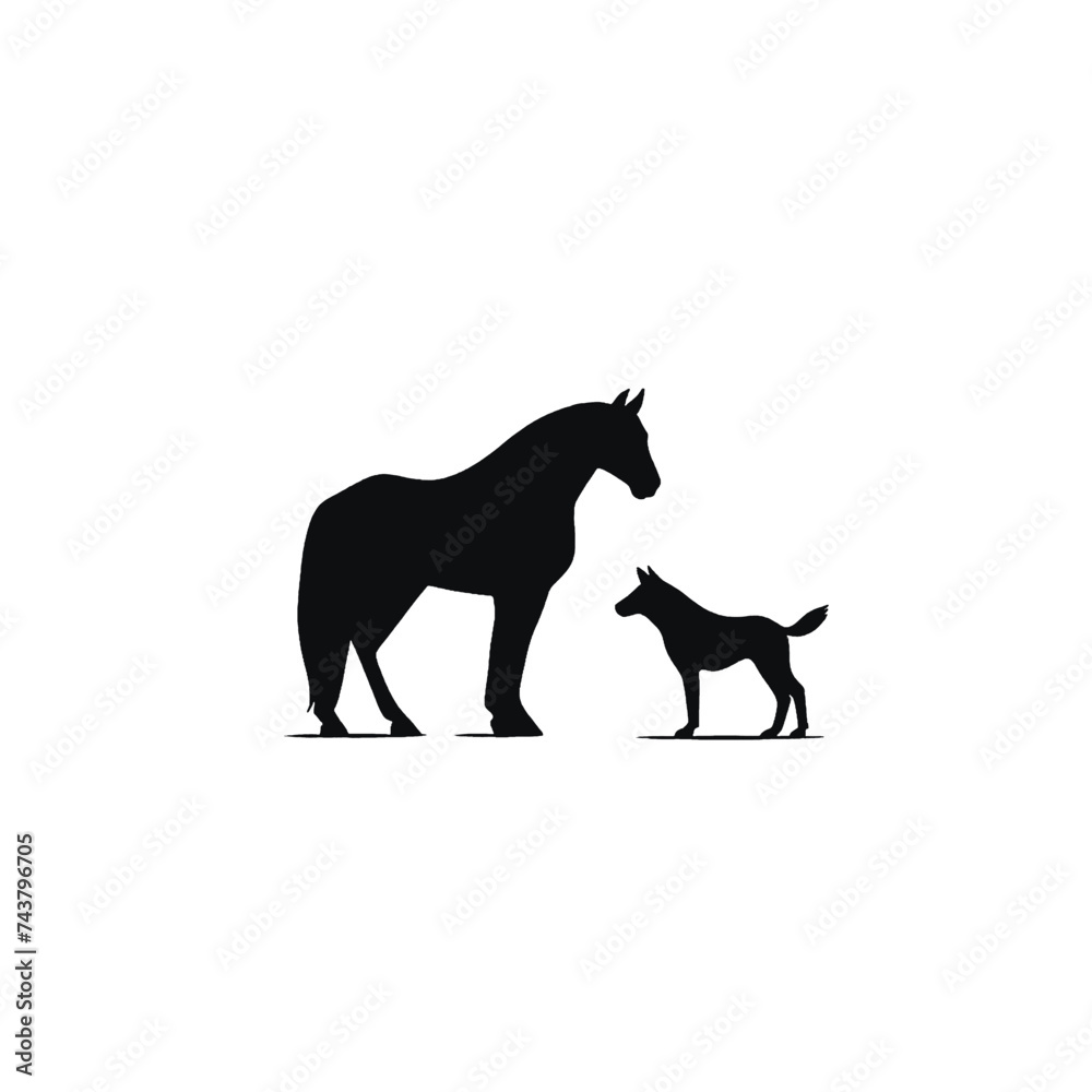 Black silhouette, tattoo of a horse and a dog on light background. Vector.