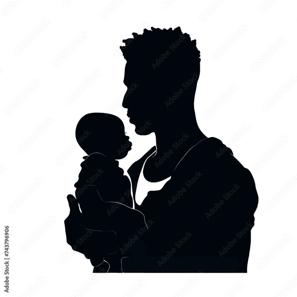Black silhouette, tattoo of a man with baby in his arms on white background. Vector.