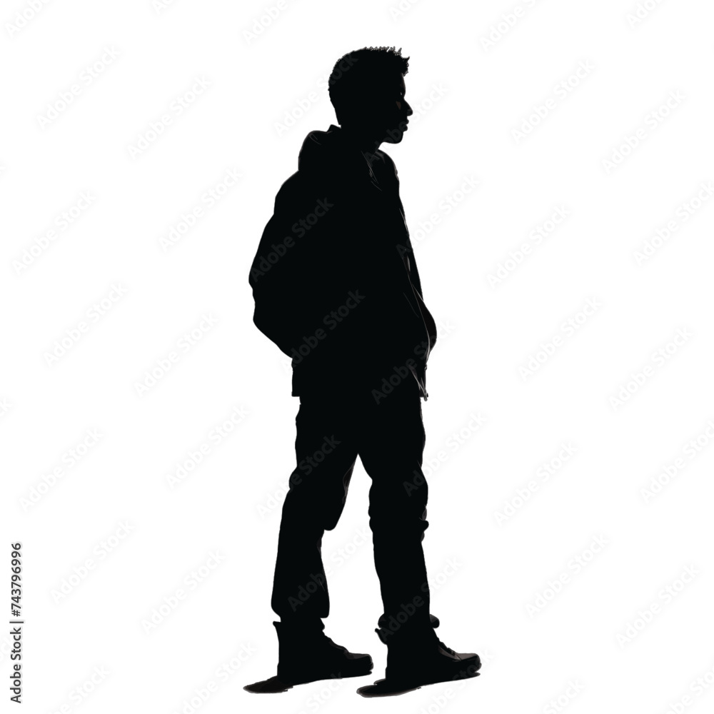 Black silhouette, tattoo of a man in a jacket on white background. Vector.