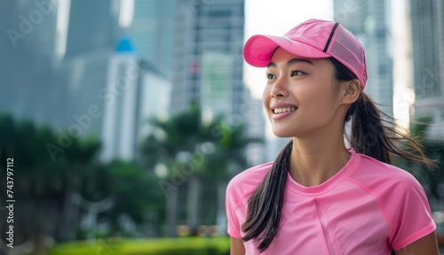Close up smiling young Asian woman jogging in front of the city. photo