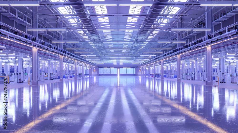 High-Tech Manufacturing Plant or Warehouse with Futuristic Lighting