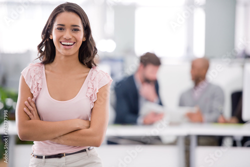 Business  office and portrait of woman with pride  smile and career opportunity at startup. Confidence  happy or professional businesswoman with job in project management  development or consulting