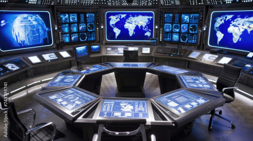 Interior of a global surveillance command center with displays and ...
