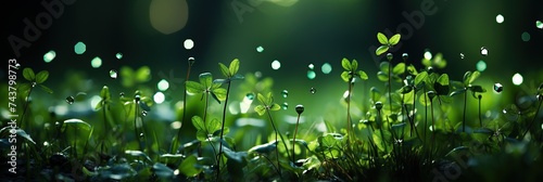 field of lush green grass dotted with glistening dew drops, reflecting the sunlight like tiny jewels