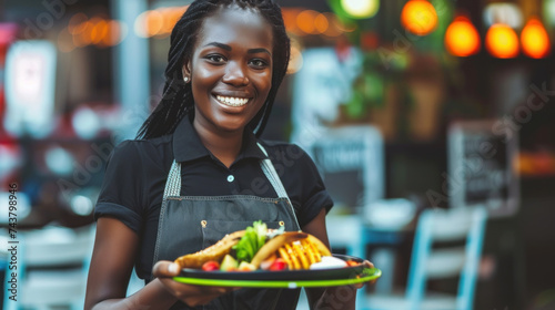 Friendly smiling African-American waitress with a dish in restaurant setting
