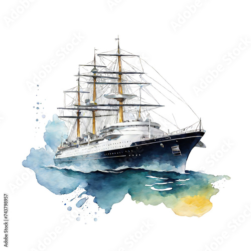 Watercolor illustration of ship in ocean, watercolor clip art on white background