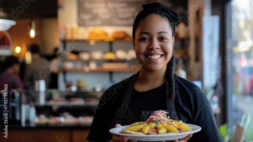 Friendly smiling African-American waitress with a dish in restaurant setting