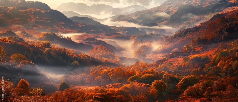 Scottish Highlands in autumn: a patchwork of fiery foliage and misty hills - obrazy, fototapety, plakaty 